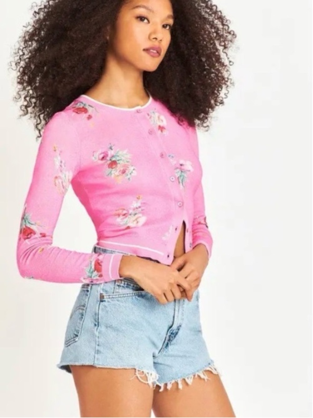 LoveShackFancy Bright Pink Floral Cropped Cardigan